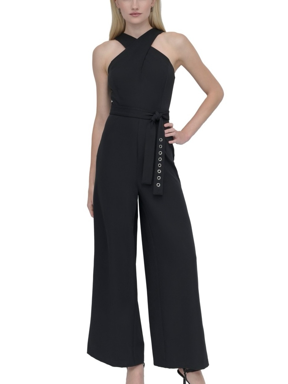 DKNY Crisscross Halter Belted Wide-Leg Jumpsuit Size 8